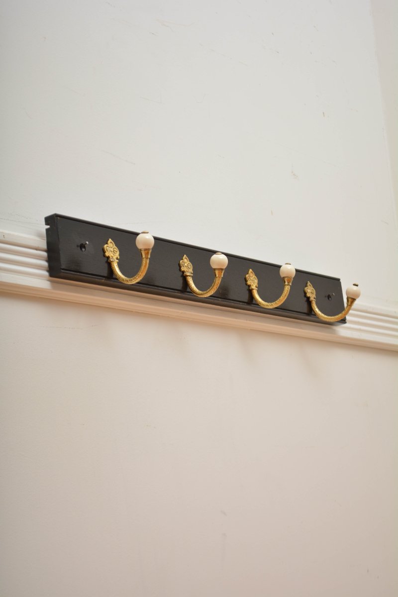 Pair Of Antique Victorian Ebonised Brass And Ceramic Coat Rack Coat Hooks - Image 3